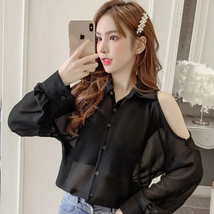 Beading Women's Elegant Blouse Office Outfits Feminine Shirts Off The Shoulder Long Sleeve Top Korean Fashion 2022 Designer New images - 6