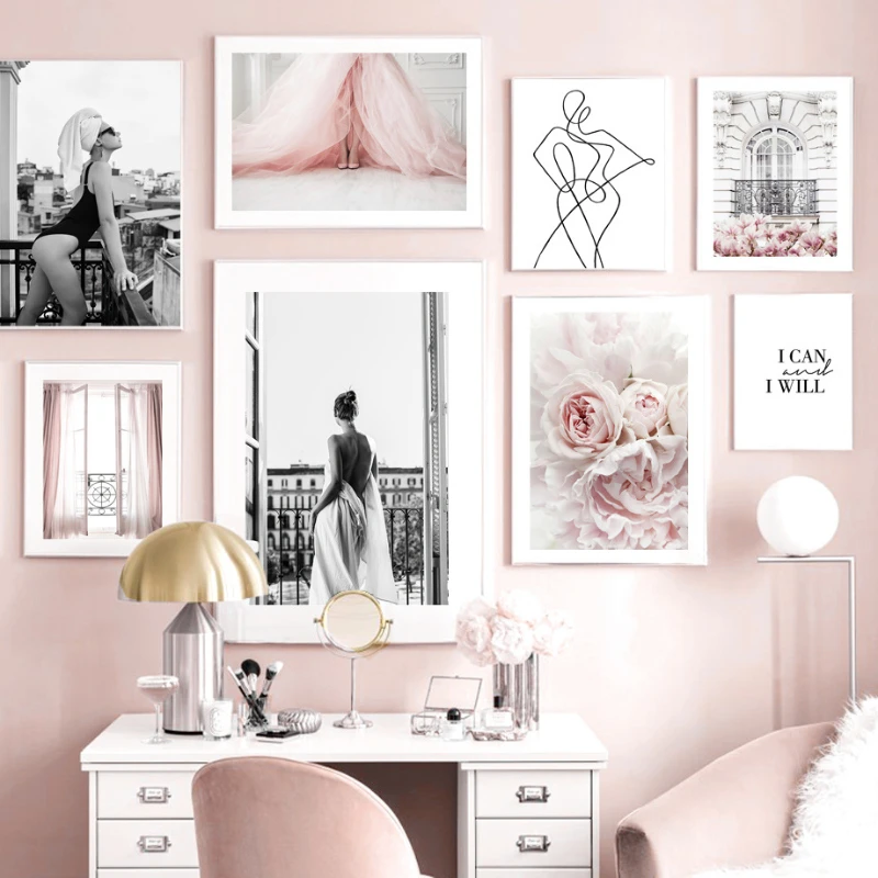 

Paris Balcony Pink Skirt Lady Poster Sofa Background Wall Home Decoration Living Room Bedroom Dining Room Frameless Painting