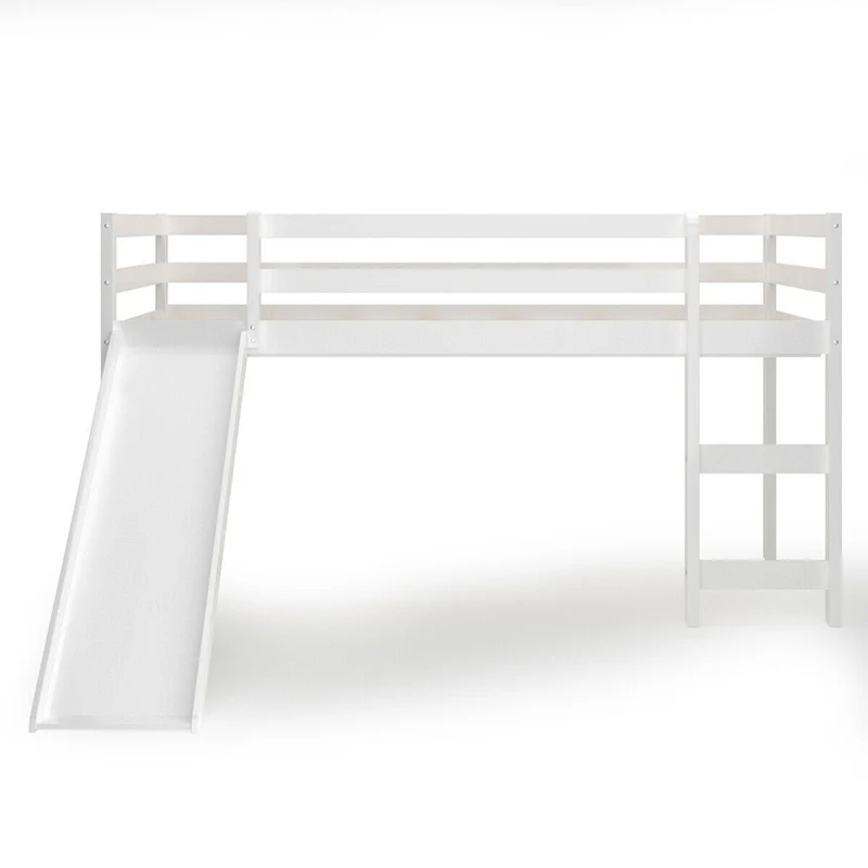 

Twin Size Low Sturdy Loft Bed Solid Pine Wooden Structure Slide Stable Thick Bed Legs Safe Considerate Guardrail Bed Frame