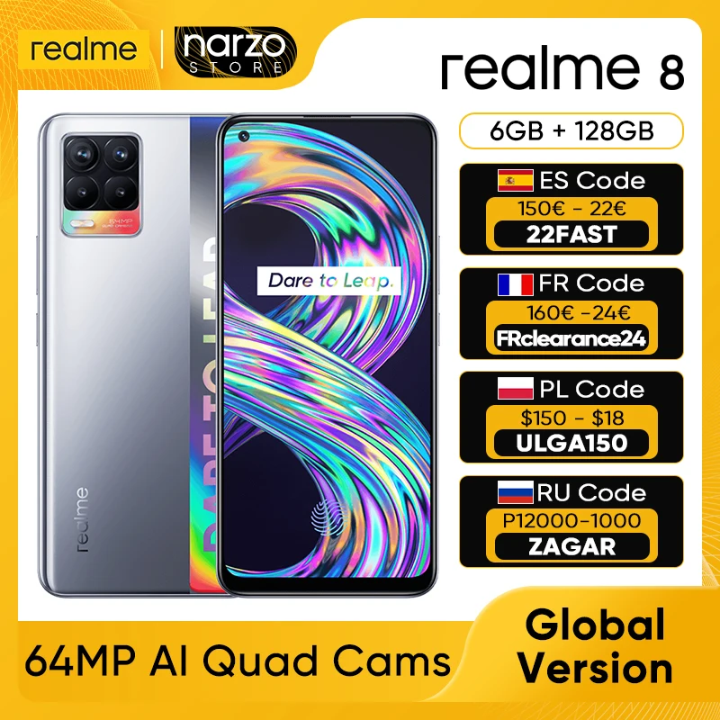 В наличии realme 8 глобальная версия смартфона 64 Гб 128 мегапиксельная
