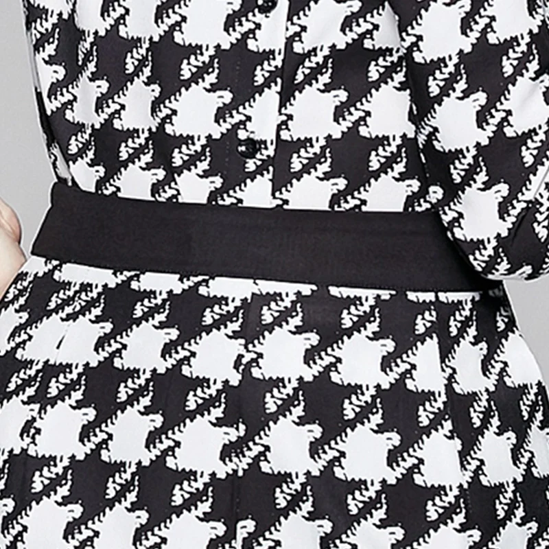 

Spring Woman Print 2pcs Suit Houndstooth Blouse Pants Set for Office Lady Female Elegant Shirt + Long Pants Sets Summer