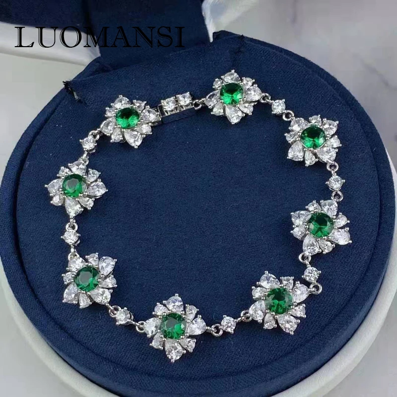 

Luomansi Fashion Natural Emeralds Create Moissan Diamond Women Bracelet S925 Sterling Silver AU750 White Gold Fne Jewelry 17CM