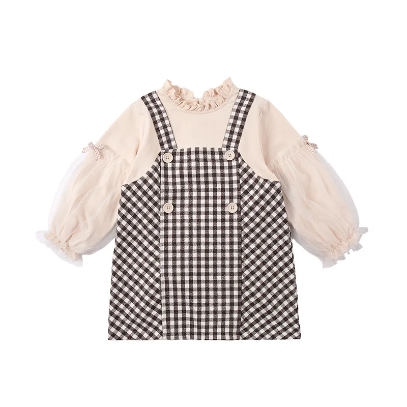 

False Two Pieces Tulle Dress Kids Spring Dress Plaid Design Fair Lady Dresses for Girls Children Casual Dress Clothing for Girl