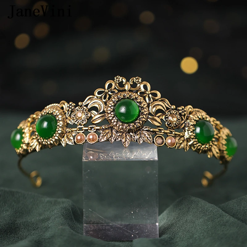 

JaneVini Vintage Baroque Crystal Diadem Bridal Green Crowns Women Evening Tiaras Headwear Wedding Party Accessories Hair Jewelry