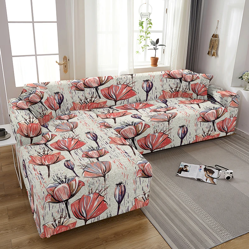 Oil Painting Flowers L Shape Elastic Sofa Cover For Living Room Stretch Corner Combination Couch Covers Universal Slipcovers | Дом и сад