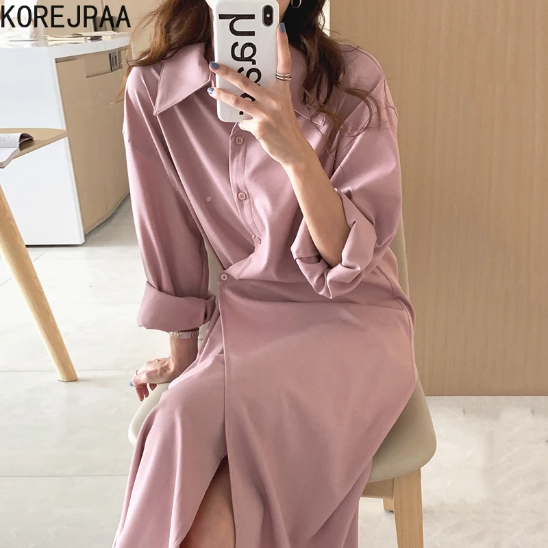 

Korejpaa Women Dress 2021 Autumn Korean Sweet Temperament Ladies Lapel Side Buckle Waist Knee-Length Solid Color Shirt Vestidos