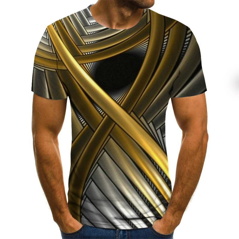 

New 2021 Summer 3D Printing Golden Line Men's Fun Top Casual Short Sleeve Color Neutral Round Neck Hip Hop T-Shirt 130-6XL