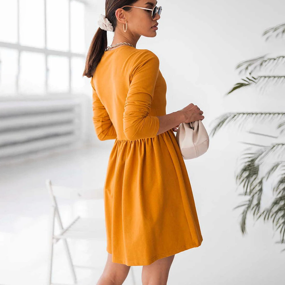 

Casual Long Sleeve Solid Mini Dress Spring Autumn Fashion O-neck Slim Dresses For Women 2021 Black Pleated A-line Robe Femme