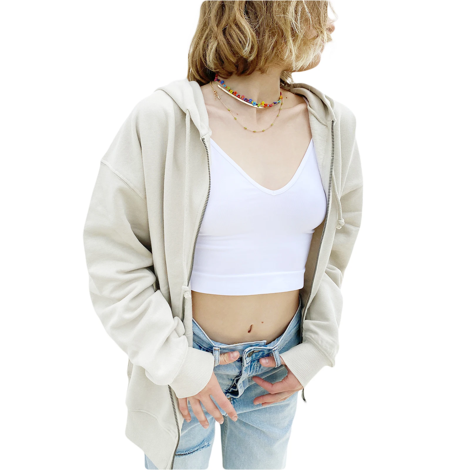 

Women Loose Style Coat with Pockets Solid Color Zipper Open Front Hooded Jacket