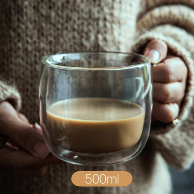 500ml(short) Скандинавские стеклянные прозрачные термостойкие кофейные кружки с двойными стенками, чашки для молока, чая, воды с рукояткой, стакан, подарок, кофейная посуда - Цвет: 500ml(short)