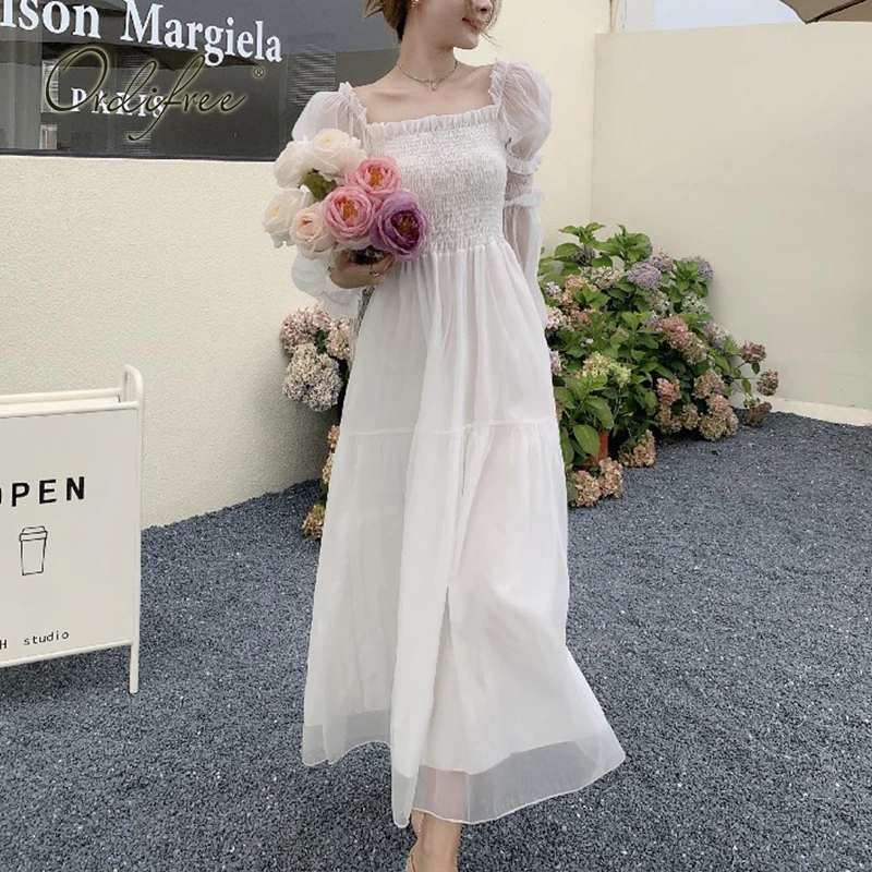 

Ordifree 2022 Summer Women Maxi Beach Dress Long Sleeve Vintage Vocation Wear Tunic Long Tulle Dress