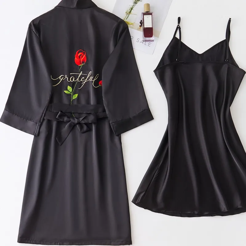 

Women Embroidery Robe Set Full Slip Kimono Gown Summer New 2PCS Sleepwear Female Nighty&Robe Set Faux Silk Intimate Lingerie