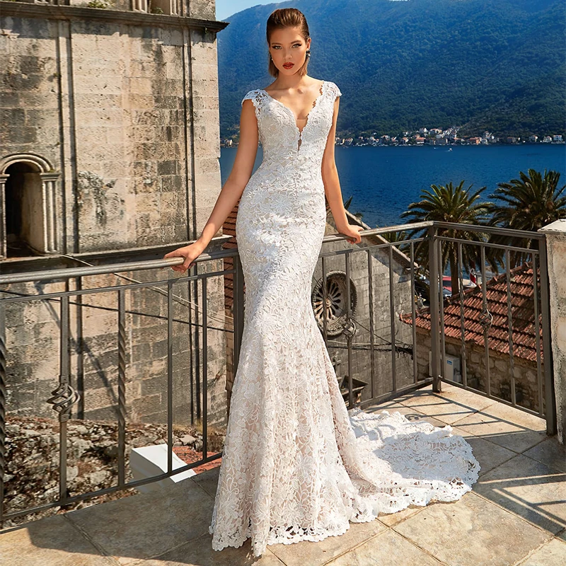 

V-Neck Mermaid Wedding Dresses 2021 Cap Sleeve Lace Appliques Backless Gorgeous Bridal Gown Sweep Train Vestidos De Noiva