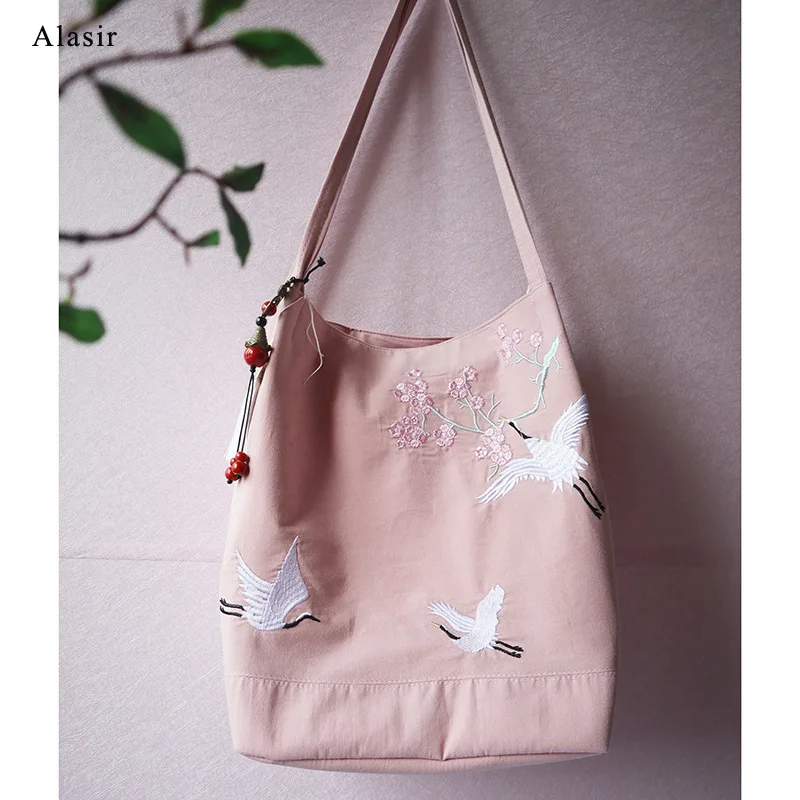 

Alasir Literary Retro Style Student Handbags Chinese Style Canvas Shoulder Bag Women Embroidery Flowers Casual Tote Bags