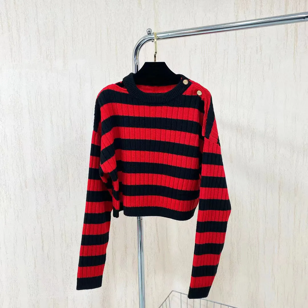 

luxury design classic contrast striped wool yarn knitted top metal button fashion versatile women's long sleeve knitted sweater