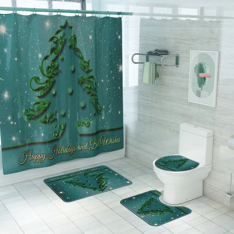 

Christmas Tree Shower Curtain Set Bath Mats Rugs Happy New Year Rug Lid Toilet Cover Anti-slip Mat Bathroom Curtains with Hooks