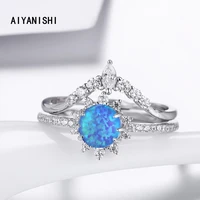 aiyanishi 925 sterling crown ring set classic wedding round blue opal ring sets silver jewelry for women wedding christmas gifts