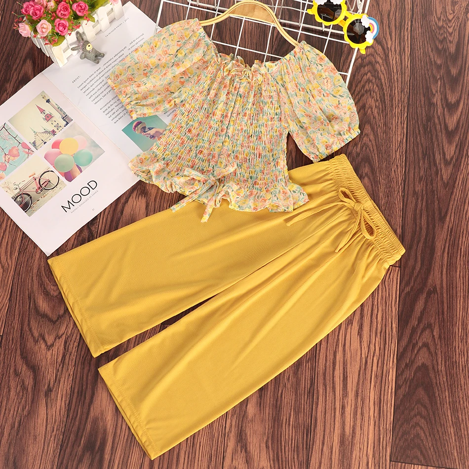 

2021 Summer Toddler Girls Clothes Floral Short Sleeve Tops + Long Pants Outfit Children Tracksuit For Kids Clothing Sets