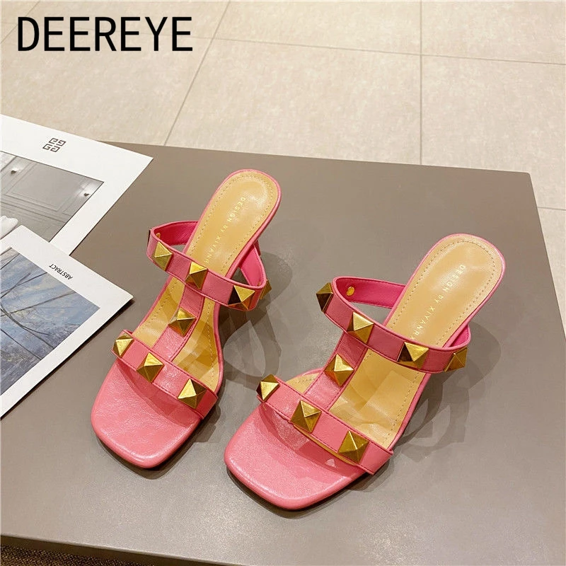 

Fashion Ladies Women Rivet Slippers Slip On Thin High Heel Sandals Slides Mujer Summer New 2021 Luxury Open Toe Casual Shoes