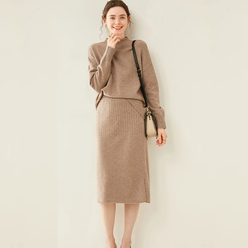 

Hot Sale Women Suits 100% Merino Wool Knitted Sweaters+Skirts 2021 New Spring Winter Jumpers for Office Lady Clothes