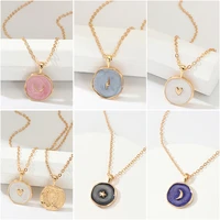 5 style cute cartoon enamel round pendant girls necklace gift gold color chain heart star moon women fashion charm party jewelry