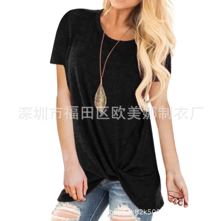 

Spring and summer new women's solid round neck kink top short sleeve T-shirt