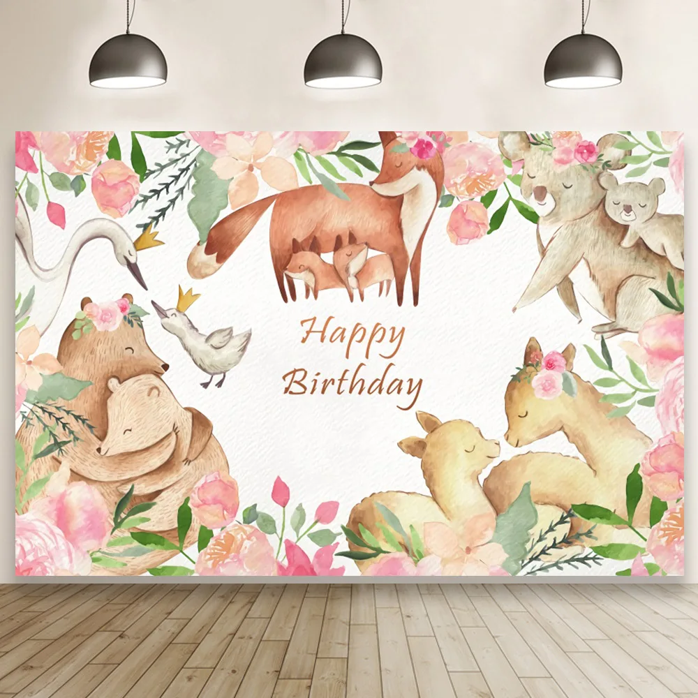 

Cute Animal Flowers Theme Parent-child Party Background Happy Birthday Photocall Decor Banner Photography Studio Backdrop Booth