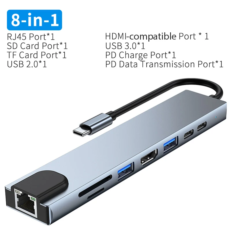 

Разветвитель 8 в 1 для ноутбука, 3,0 дюйма, USB Type-C, RJ45, HDMI, TF, SD