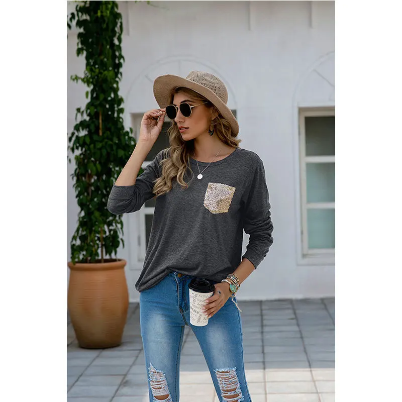 

Sequine Pocket T-shirt Long Sleeve Top Women O Neck Soft Tops Shirts Female Autumn Loose Tee Casual Solid T Shirt For Woman