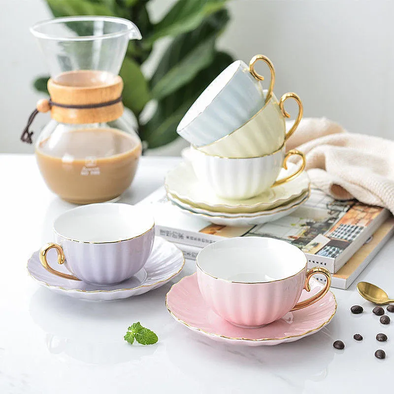 

7 Colors Pink Bone China Coffee Cup And Saucer Spoon One Set 200ML English Afternoon Tea Cups Party Coffeeware Coffee Mug Cups