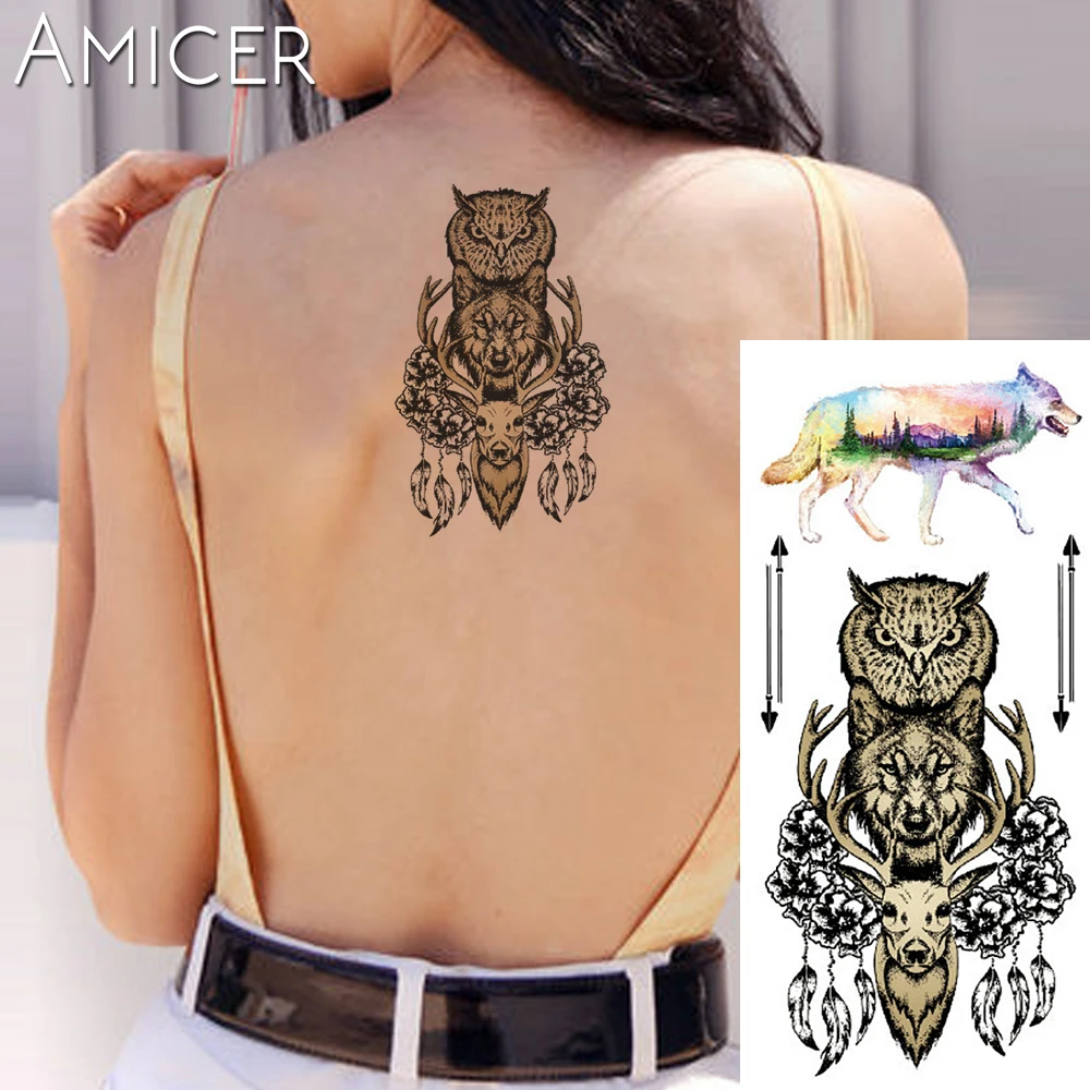 

1 piece Fantasy Color Owl wolf Hot Large animal Temporary Tattoo Waterproof Tattoo Sticker for women men