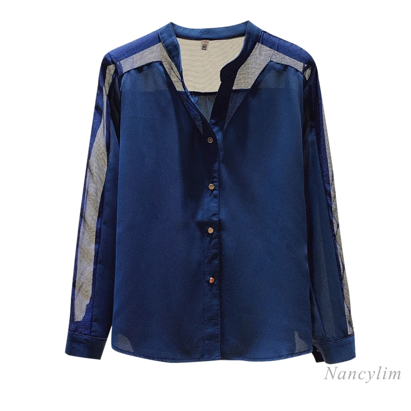 

Women's Blouse 2021 Spring Summer New Fashion Mesh Stitching Shirt Female All-Match Chiffon Top Blusa Blue Black