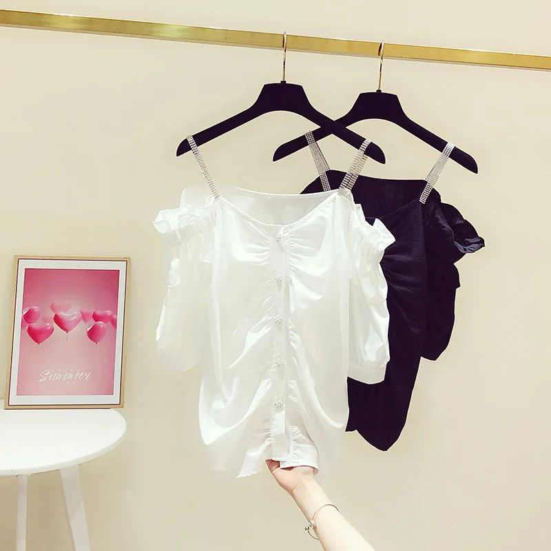 

Sexy Off-Shoulder Chiffon Shirt for Women 2021 Summer New Fashion Slimming Sling Drill Buckle Shirt Female Plain Top Blusa Mujer