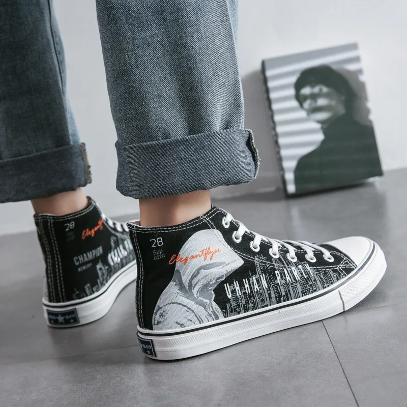 

Кеды мужские с высоким берцем, холщовые кроссовки с граффити, повседневная спортивная обувь для студентов