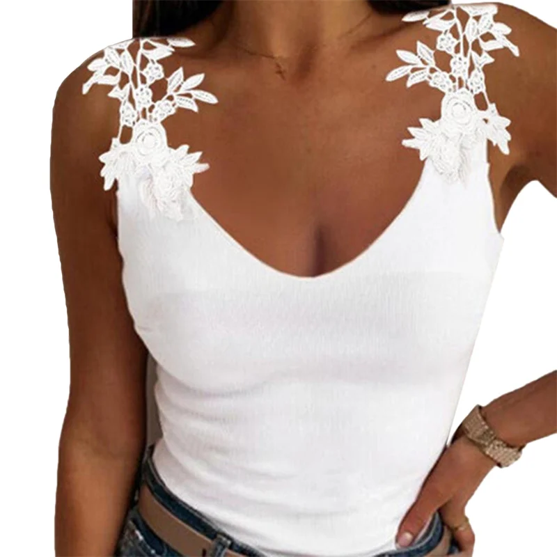 

Tank Top Women White 2021 Summer Casual Fitness Short Vest Casual V-neck Lace Tops Camisole 2021 New