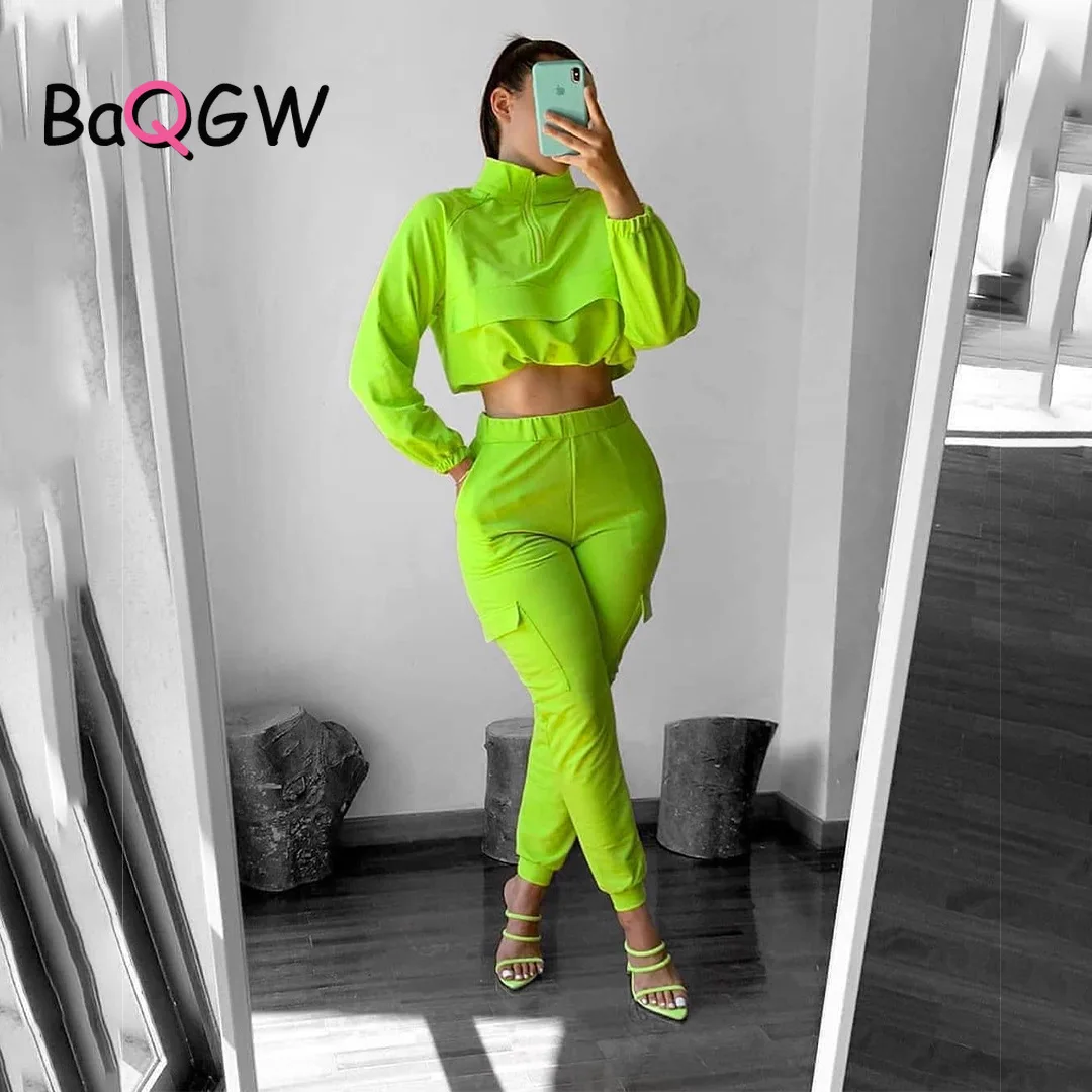 

BaQGW Fashion Tracksuit Women Turtleneck Full Sleeve Pullover + Pants Neon Matching Set Stretchy Sporty Fitness Casual Outfits