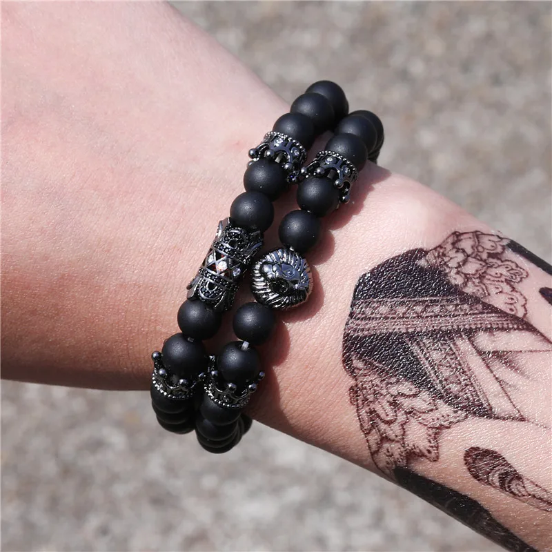 

PINIYA 2020 Fashion New 2pcs/set Lion Charm Bracelet Men Vintage Stone Bead Bracelet For Men Jewelry Gift Pulsera Hombre