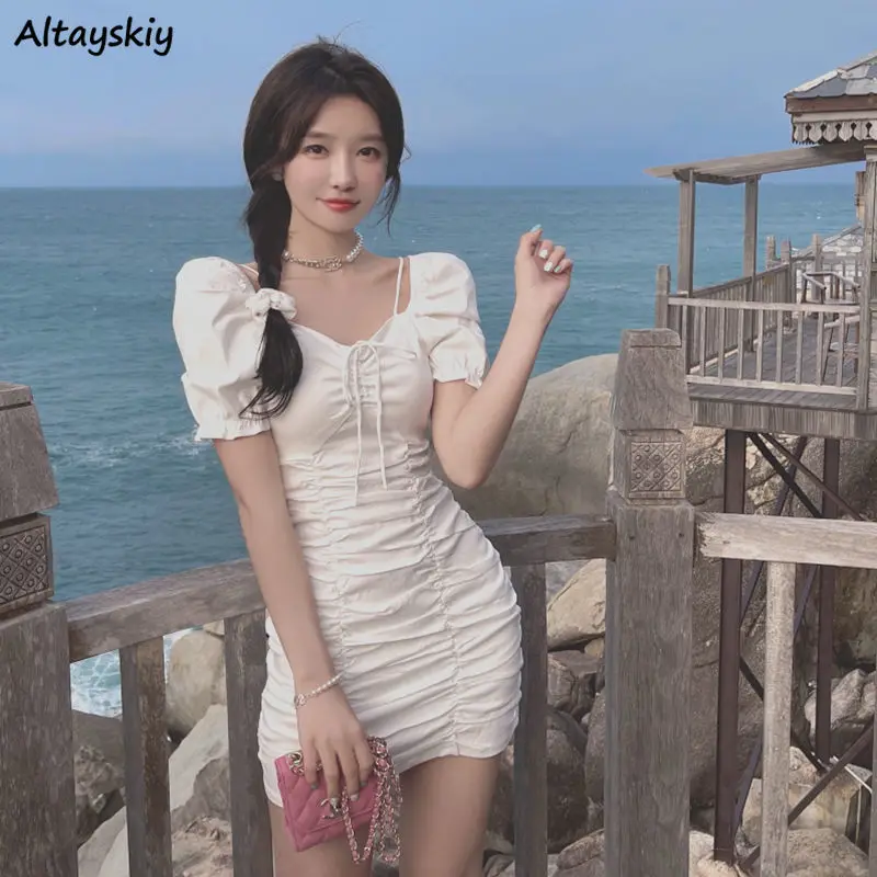 

Женское летнее платье, белое, элегантное, со складками, выше колена, в Корейском стиле, для досуга