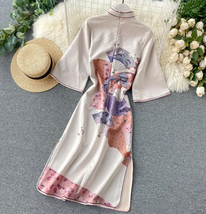 

Women's spring summer half sleeve vintage chinese dress female print side split casual dress TB832
