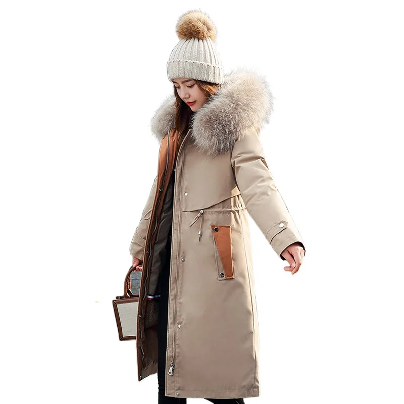 

Long Hooded Fur Collar Detachable Fur Lined Thick Parkas Coat Women's Plus Size 2021 Winter Waist Drawstring Windbreaker Jacket