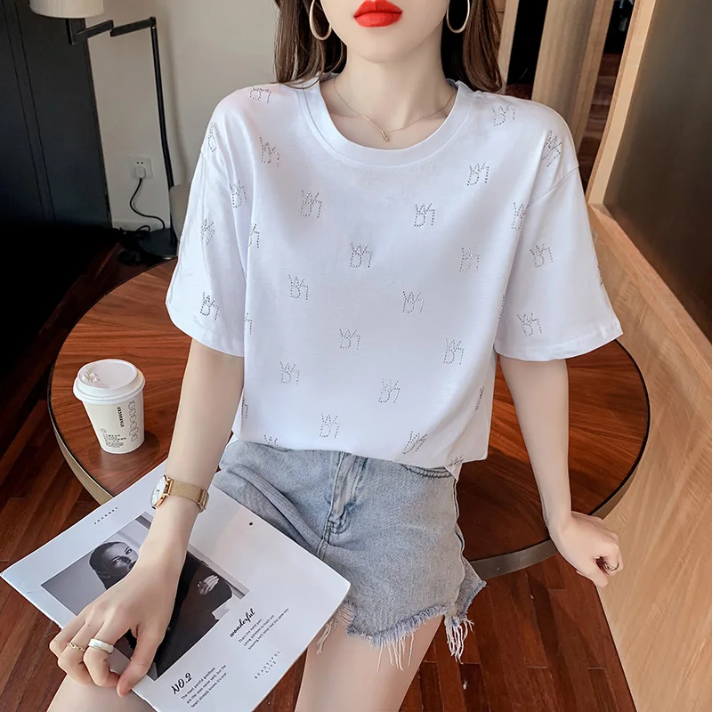 

Korean T-shirt new O-neck Summer Fashion Hot drilling Shirt T Shirt Women Tops Loose Short sleeve Women Tshirt white t shirt