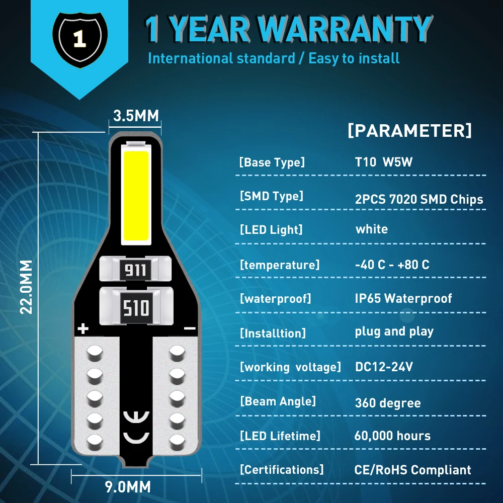 10PcsT10 W5W светодиодный светильник дневные ходовые огни 12V Белый Авто Интерьер для