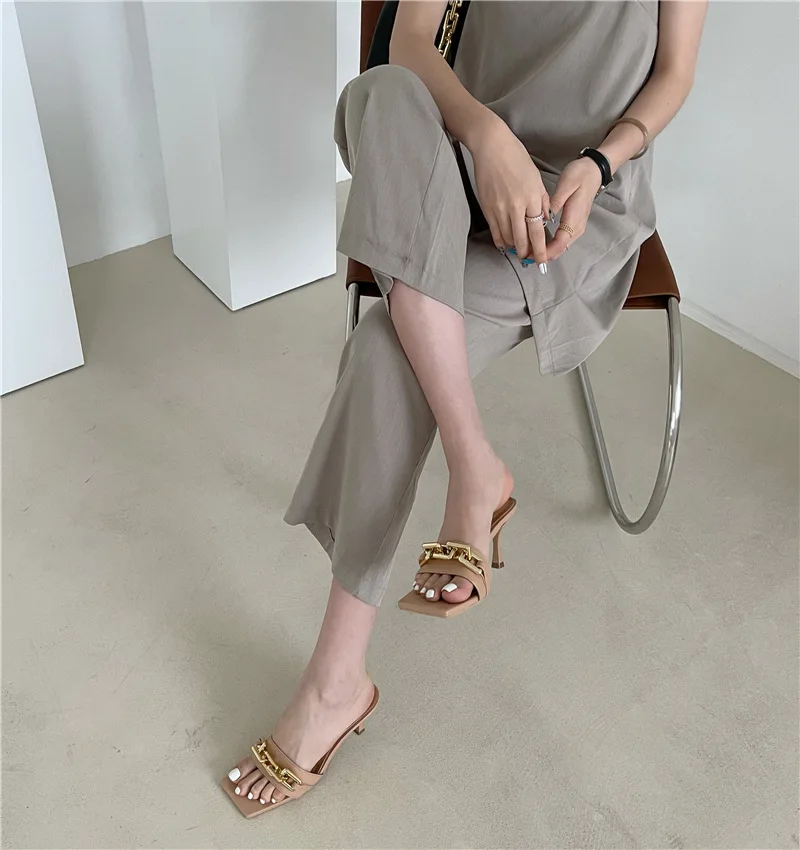 

Square Toe Shoes Rivet Slippers Soft Women Heels Slides Pantofle Low Comfort High 2021 Rubber Scandals Chain PU Pumps Fabric