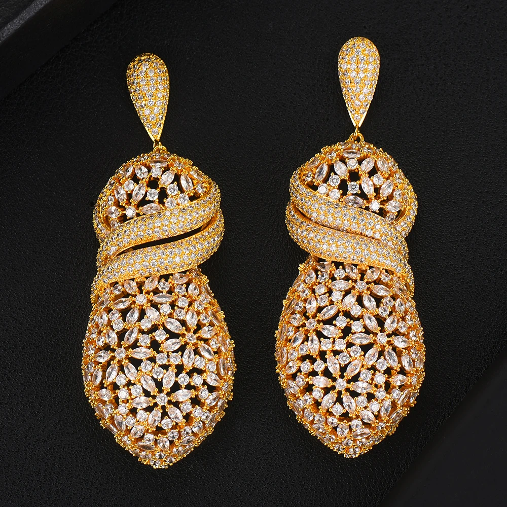 

KellyBola Gorgeous African Nigerian Cubic Zirconia Big Long Hollow Dangle Earrings Naija Wedding Party Women Dress Earrings