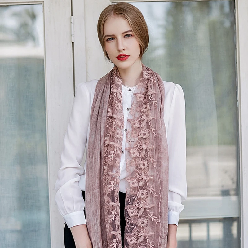 

Long embroidered lace pink scarf ladies flowers elegant scarf wild sunscreen fashion shawl bufandas invierno mujer 2020