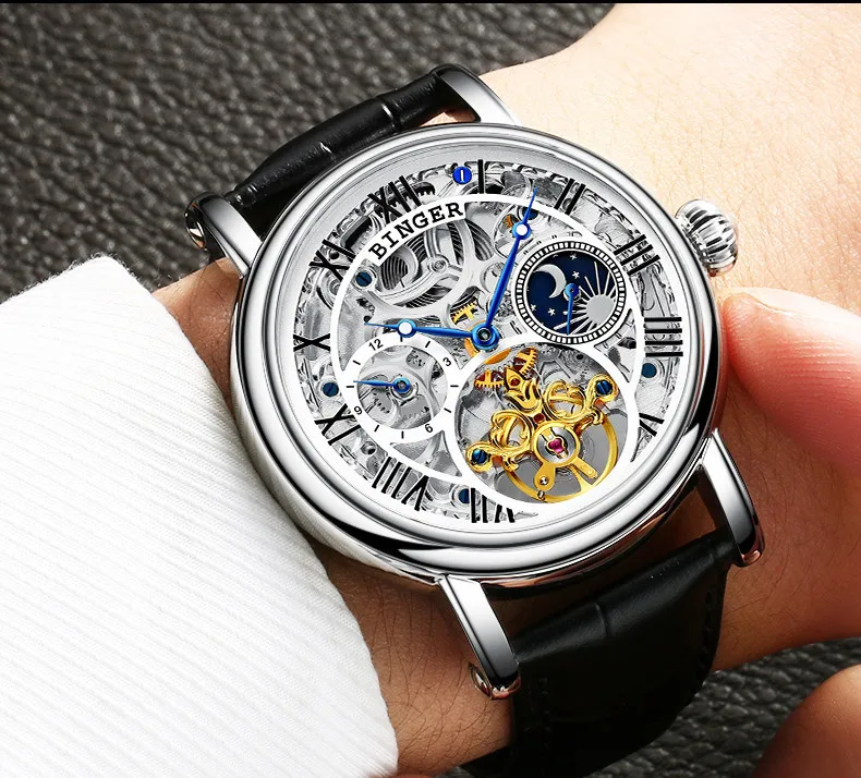 Швейцария БИНГЕР часы для мужчин люксовый бренд Tourbillon Relogio Masculino водостойкие Скелет механические часы B-1171-3