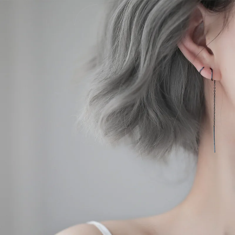 

Creative Style Black Color Geometric Circle Ear Line Chain Drop Earrings Long Tassel Design Earrings For Fashion Women Girl Gift