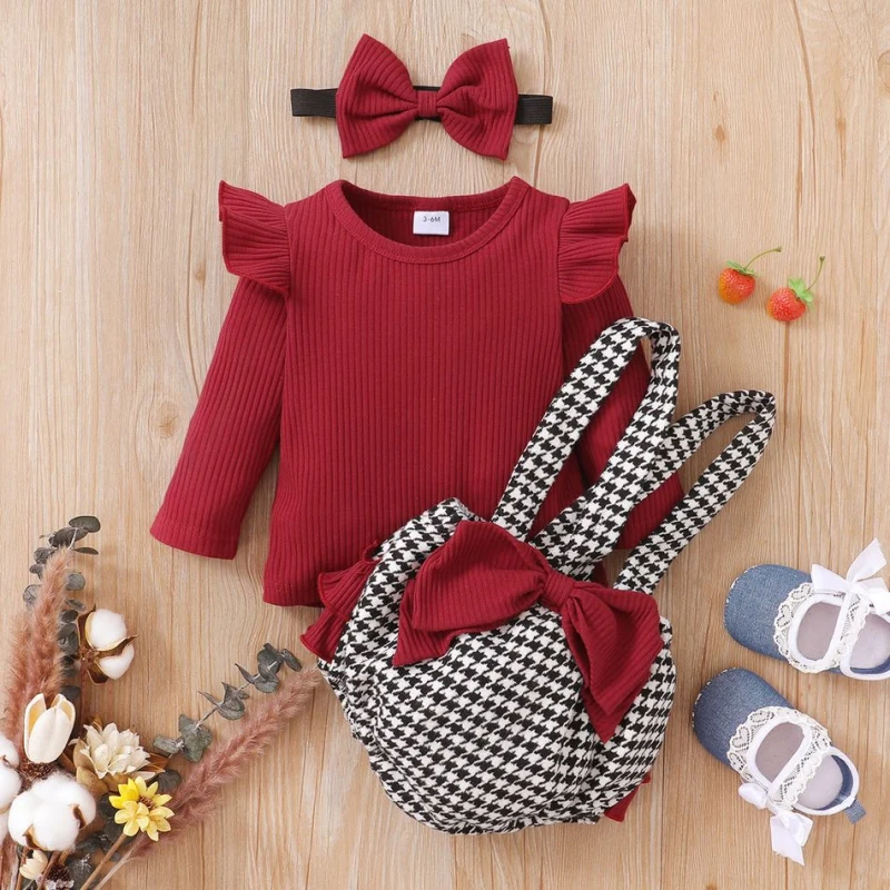 

Newborn Kids Baby Girls Rompers Sets Plaid Printed Knitted Jumpsuit Clothes Suspenders Shorts Headband Outfit Summer New 3PCS