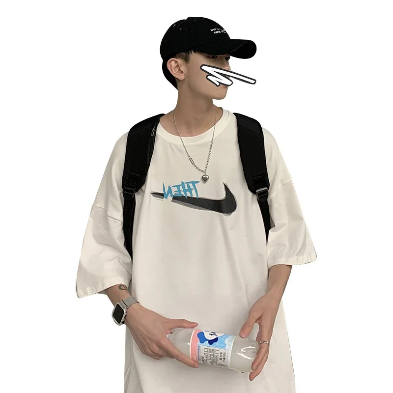

Hong Kong style t-shirt men's short-sleeved hip-hop loose summer bottom shirt net red super-fire ins trend five-point sleeves