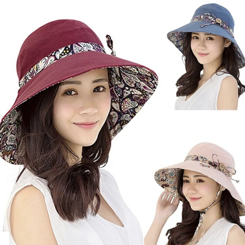 

1PC Women Summer Beach Travel Bowknot Wide Brim Sun Hat Reversible Foldable Cap